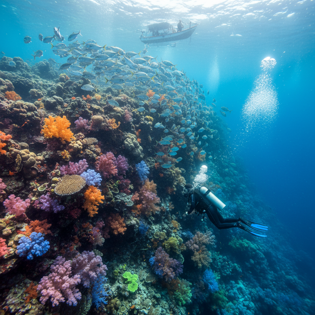 Alor diver descending wall with soft corals